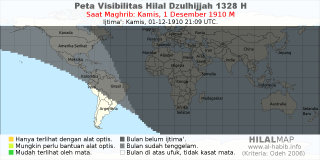 HilalMap: Peta Visibilitas Hilal Dzulhijjah 1328 H: rukyat tanggal 1910-12-1 M