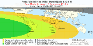 HilalMap: Peta Visibilitas Hilal Dzulhijjah 1328 H: rukyat tanggal 1910-12-2 M