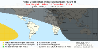 HilalMap: Peta Visibilitas Hilal Muharram 1329 H: rukyat tanggal 1910-12-31 M