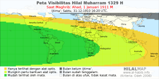 HilalMap: Peta Visibilitas Hilal Muharram 1329 H: rukyat tanggal 1911-1-1 M