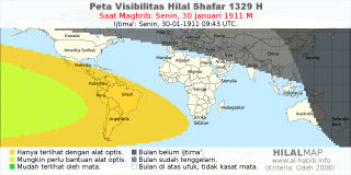 HilalMap: Peta Visibilitas Hilal Shafar 1329 H: rukyat tanggal 1911-1-30 M
