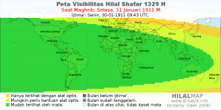 HilalMap: Peta Visibilitas Hilal Shafar 1329 H: rukyat tanggal 1911-1-31 M