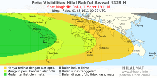 HilalMap: Peta Visibilitas Hilal Rabiul-Awwal 1329 H: rukyat tanggal 1911-3-1 M