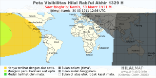HilalMap: Peta Visibilitas Hilal Rabiul-Akhir 1329 H: rukyat tanggal 1911-3-30 M