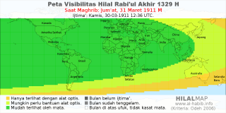 HilalMap: Peta Visibilitas Hilal Rabiul-Akhir 1329 H: rukyat tanggal 1911-3-31 M