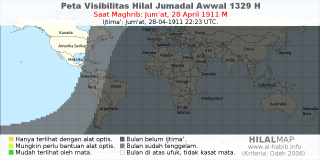 HilalMap: Peta Visibilitas Hilal Jumadal-Awwal 1329 H: rukyat tanggal 1911-4-28 M