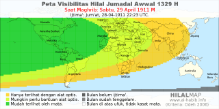 HilalMap: Peta Visibilitas Hilal Jumadal-Awwal 1329 H: rukyat tanggal 1911-4-29 M