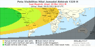 HilalMap: Peta Visibilitas Hilal Jumadal-Akhirah 1329 H: rukyat tanggal 1911-5-28 M