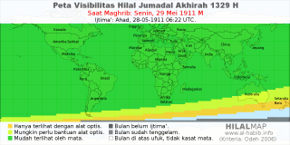 HilalMap: Peta Visibilitas Hilal Jumadal-Akhirah 1329 H: rukyat tanggal 1911-5-29 M