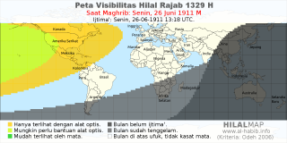 HilalMap: Peta Visibilitas Hilal Rajab 1329 H: rukyat tanggal 1911-6-26 M
