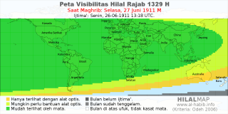 HilalMap: Peta Visibilitas Hilal Rajab 1329 H: rukyat tanggal 1911-6-27 M