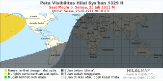 HilalMap: Peta Visibilitas Hilal Syaban 1329 H: rukyat tanggal 1911-7-25 M