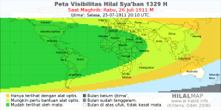 HilalMap: Peta Visibilitas Hilal Syaban 1329 H: rukyat tanggal 1911-7-26 M