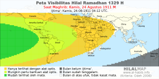 HilalMap: Peta Visibilitas Hilal Ramadhan 1329 H: rukyat tanggal 1911-8-24 M