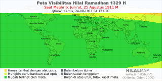 HilalMap: Peta Visibilitas Hilal Ramadhan 1329 H: rukyat tanggal 1911-8-25 M