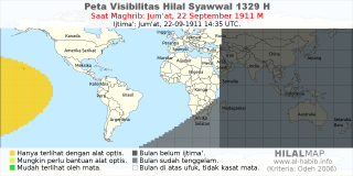 HilalMap: Peta Visibilitas Hilal Syawwal 1329 H: rukyat tanggal 1911-9-22 M
