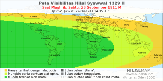 HilalMap: Peta Visibilitas Hilal Syawwal 1329 H: rukyat tanggal 1911-9-23 M