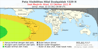 HilalMap: Peta Visibilitas Hilal Dzulqaidah 1329 H: rukyat tanggal 1911-10-22 M