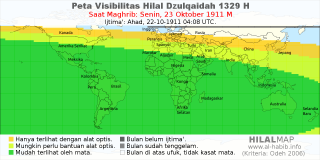 HilalMap: Peta Visibilitas Hilal Dzulqaidah 1329 H: rukyat tanggal 1911-10-23 M