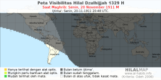 HilalMap: Peta Visibilitas Hilal Dzulhijjah 1329 H: rukyat tanggal 1911-11-20 M