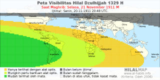 HilalMap: Peta Visibilitas Hilal Dzulhijjah 1329 H: rukyat tanggal 1911-11-21 M