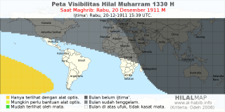 HilalMap: Peta Visibilitas Hilal Muharram 1330 H: rukyat tanggal 1911-12-20 M