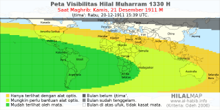HilalMap: Peta Visibilitas Hilal Muharram 1330 H: rukyat tanggal 1911-12-21 M