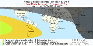 HilalMap: Peta Visibilitas Hilal Shafar 1330 H: rukyat tanggal 1912-1-19 M