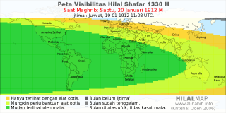 HilalMap: Peta Visibilitas Hilal Shafar 1330 H: rukyat tanggal 1912-1-20 M