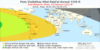 HilalMap: Peta Visibilitas Hilal Rabiul-Awwal 1330 H: rukyat tanggal 1912-2-18 M