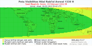 HilalMap: Peta Visibilitas Hilal Rabiul-Awwal 1330 H: rukyat tanggal 1912-2-19 M