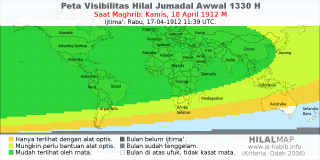 HilalMap: Peta Visibilitas Hilal Jumadal-Awwal 1330 H: rukyat tanggal 1912-4-18 M