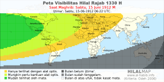HilalMap: Peta Visibilitas Hilal Rajab 1330 H: rukyat tanggal 1912-6-15 M
