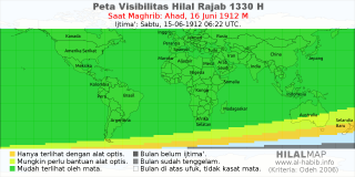 HilalMap: Peta Visibilitas Hilal Rajab 1330 H: rukyat tanggal 1912-6-16 M