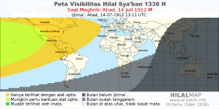 HilalMap: Peta Visibilitas Hilal Syaban 1330 H: rukyat tanggal 1912-7-14 M