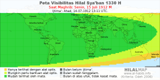 HilalMap: Peta Visibilitas Hilal Syaban 1330 H: rukyat tanggal 1912-7-15 M