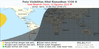 HilalMap: Peta Visibilitas Hilal Ramadhan 1330 H: rukyat tanggal 1912-8-12 M