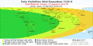 HilalMap: Peta Visibilitas Hilal Ramadhan 1330 H: rukyat tanggal 1912-8-13 M