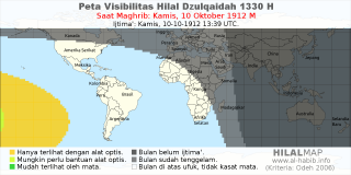 HilalMap: Peta Visibilitas Hilal Dzulqaidah 1330 H: rukyat tanggal 1912-10-10 M