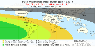 HilalMap: Peta Visibilitas Hilal Dzulhijjah 1330 H: rukyat tanggal 1912-11-9 M