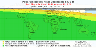 HilalMap: Peta Visibilitas Hilal Dzulhijjah 1330 H: rukyat tanggal 1912-11-10 M