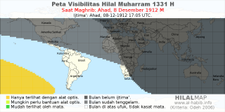HilalMap: Peta Visibilitas Hilal Muharram 1331 H: rukyat tanggal 1912-12-8 M