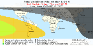 HilalMap: Peta Visibilitas Hilal Shafar 1331 H: rukyat tanggal 1913-1-7 M