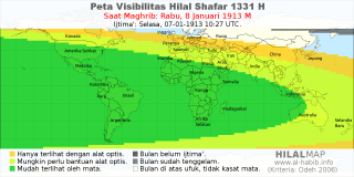 HilalMap: Peta Visibilitas Hilal Shafar 1331 H: rukyat tanggal 1913-1-8 M