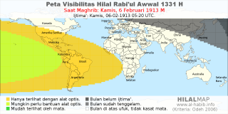 HilalMap: Peta Visibilitas Hilal Rabiul-Awwal 1331 H: rukyat tanggal 1913-2-6 M