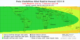 HilalMap: Peta Visibilitas Hilal Rabiul-Awwal 1331 H: rukyat tanggal 1913-2-7 M