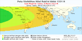 HilalMap: Peta Visibilitas Hilal Rabiul-Akhir 1331 H: rukyat tanggal 1913-3-8 M