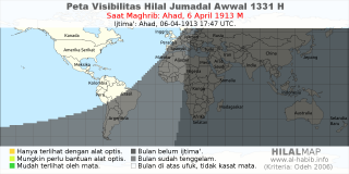 HilalMap: Peta Visibilitas Hilal Jumadal-Awwal 1331 H: rukyat tanggal 1913-4-6 M