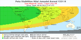 HilalMap: Peta Visibilitas Hilal Jumadal-Awwal 1331 H: rukyat tanggal 1913-4-7 M
