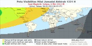 HilalMap: Peta Visibilitas Hilal Jumadal-Akhirah 1331 H: rukyat tanggal 1913-5-6 M